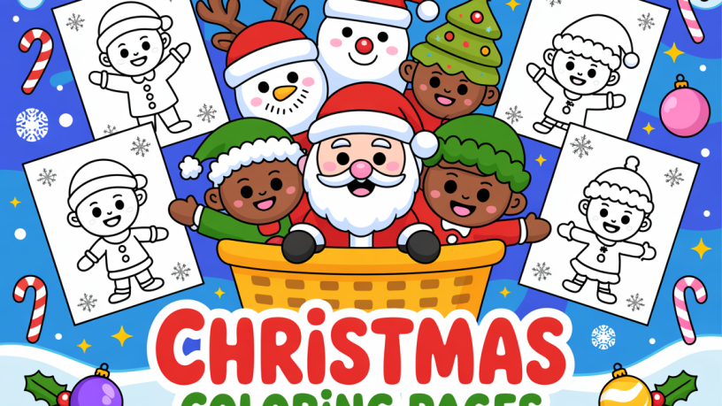 Santa and kids with coloring pages
